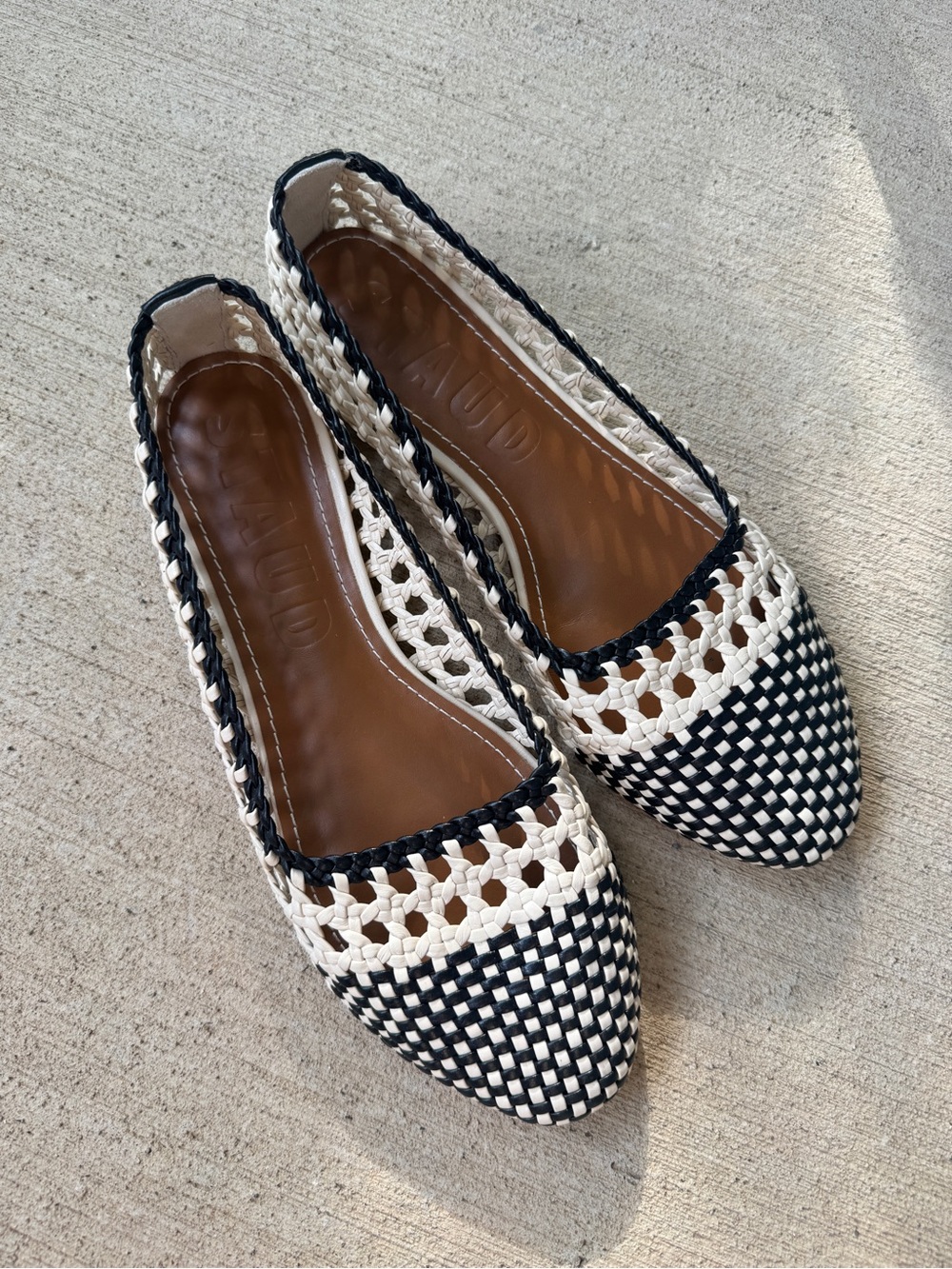 STAUD Nell Crochet Woven Leather Ballet Flats Black Cream 38.5